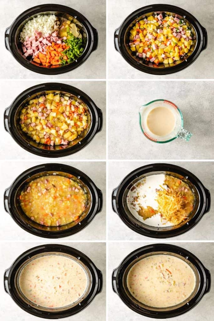 Collage showing how to make crockpot ham and potato soup.