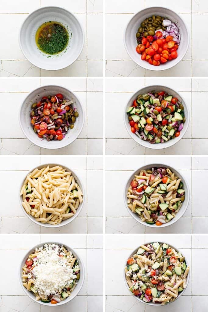 Collage showing how to make Greek Pasta Salad.
