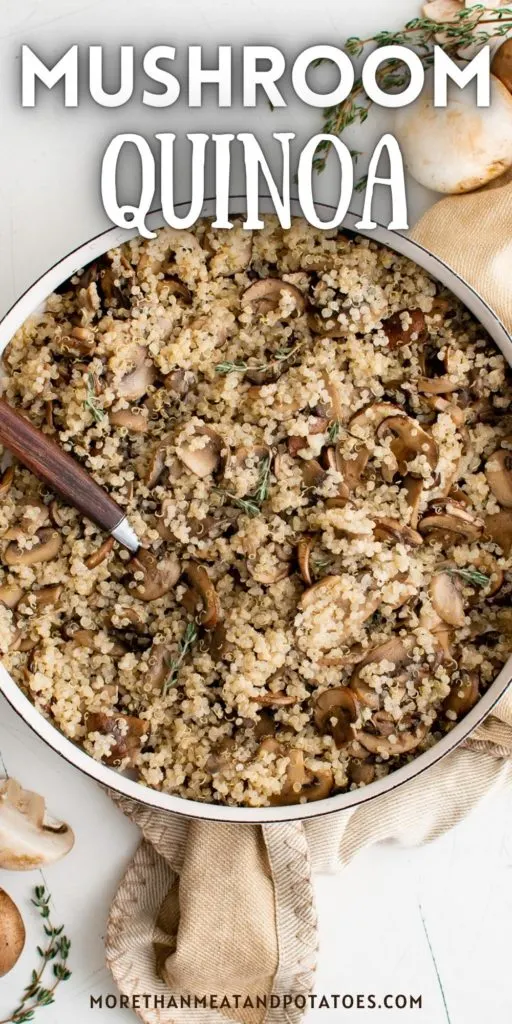 Top down view of a pan of mushroom quinoa.
