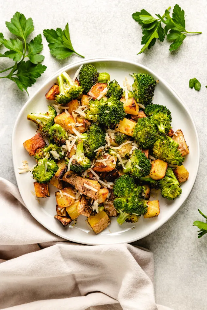 Top down view of broccoli and potatoes.