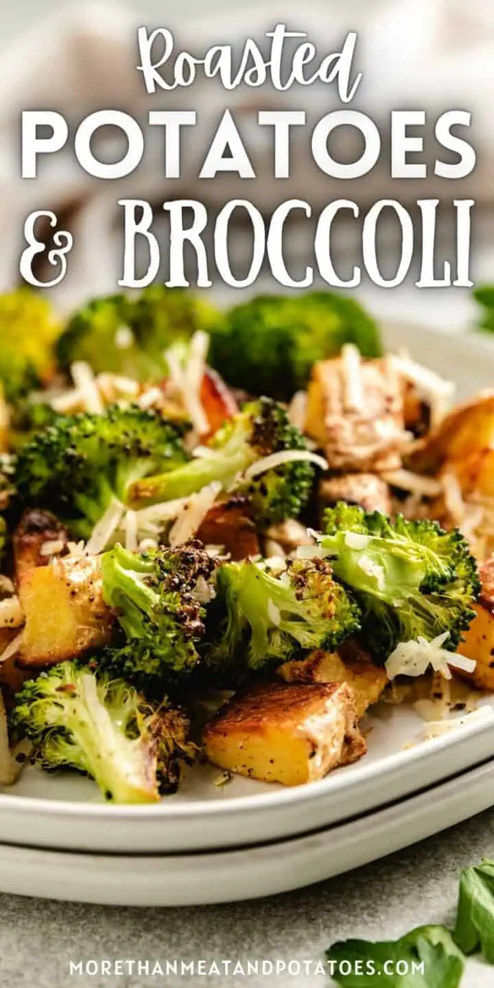 Close up view of a plate of roasted potatoes and broccoli.