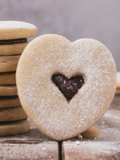 Stack of heart shaped Valentines cookies.