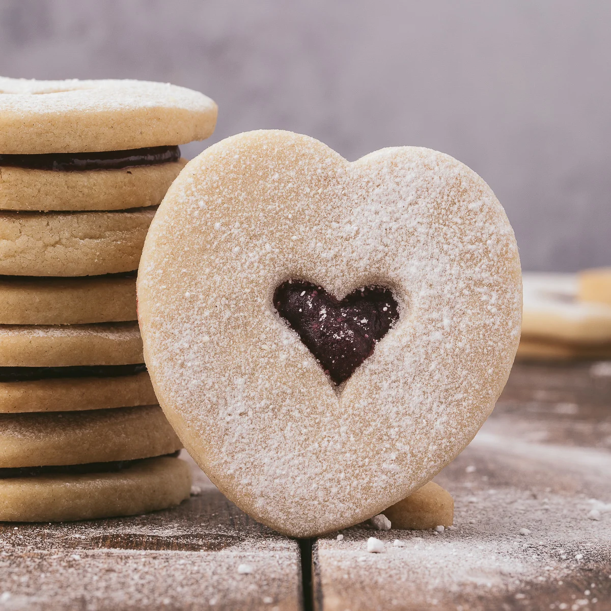 Stack of heart shaped valentines cookies.