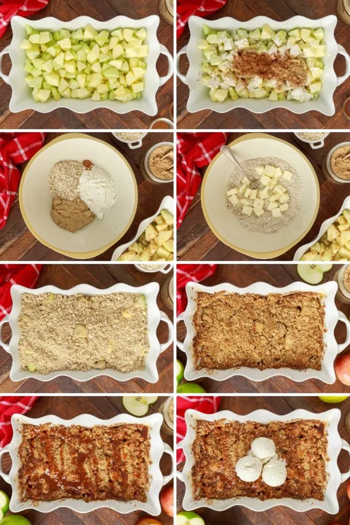 Collage showing how to make apple crisp.