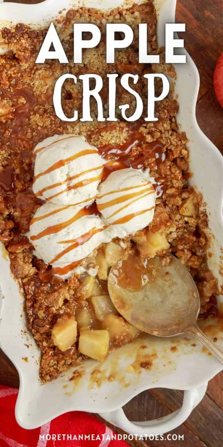 Large pan of apple crisp with caramel and ice cream.