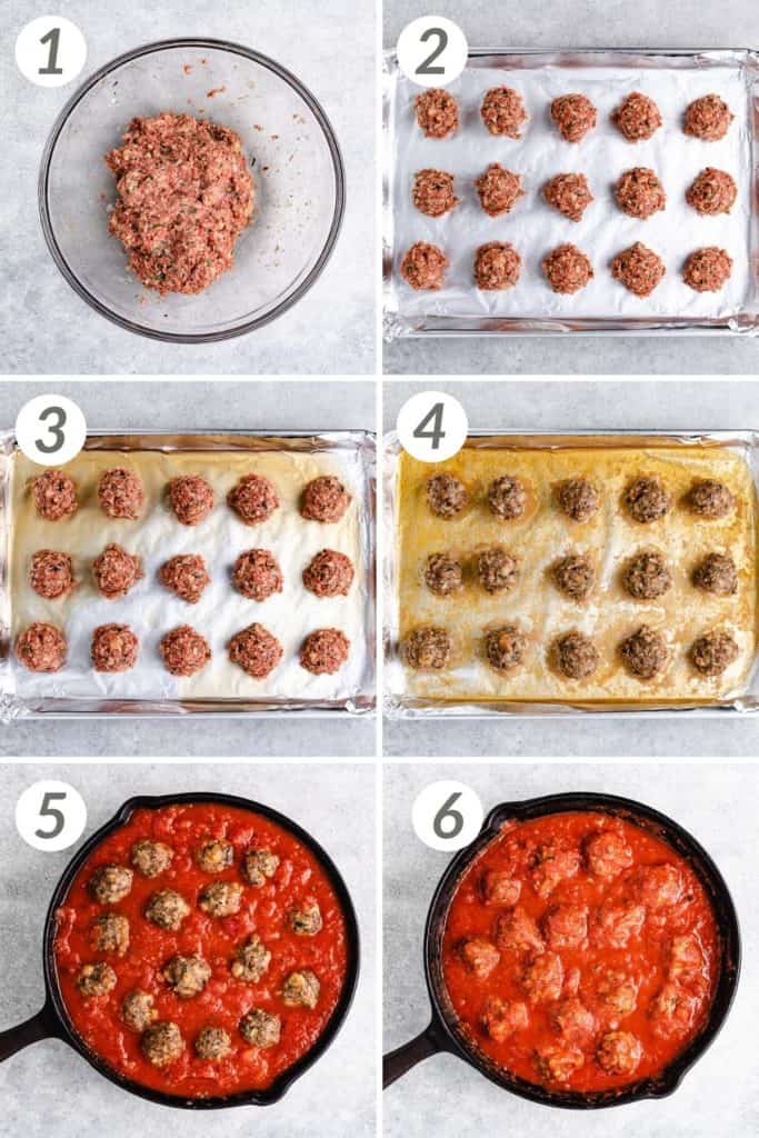 Collage showing how to make baked meatballs.