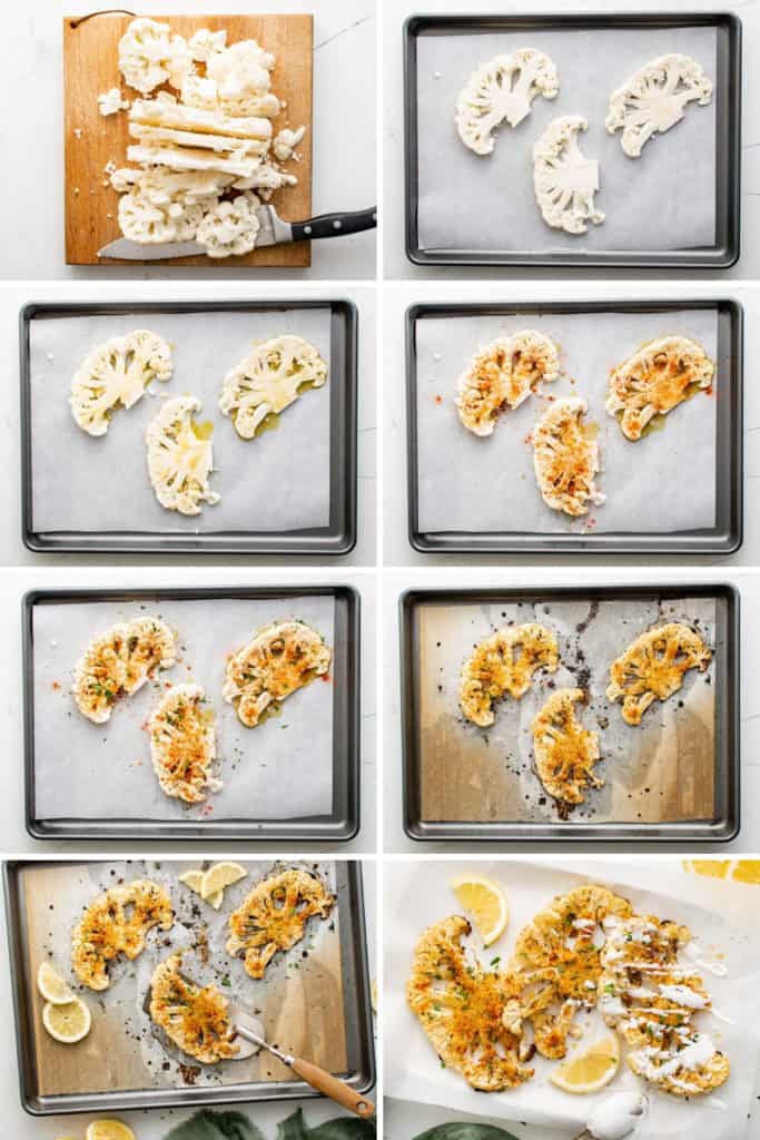 Collage showing how to make cauliflower steaks.