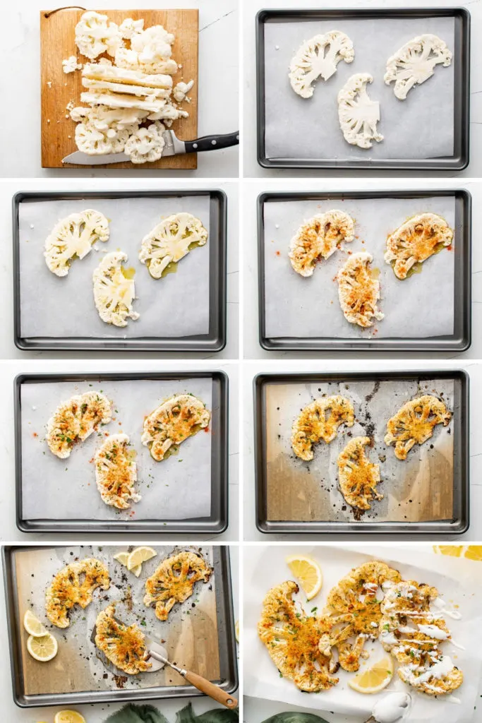 Collage showing how to make cauliflower steaks.