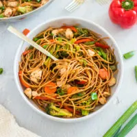 Top down view of chicken stir fry.