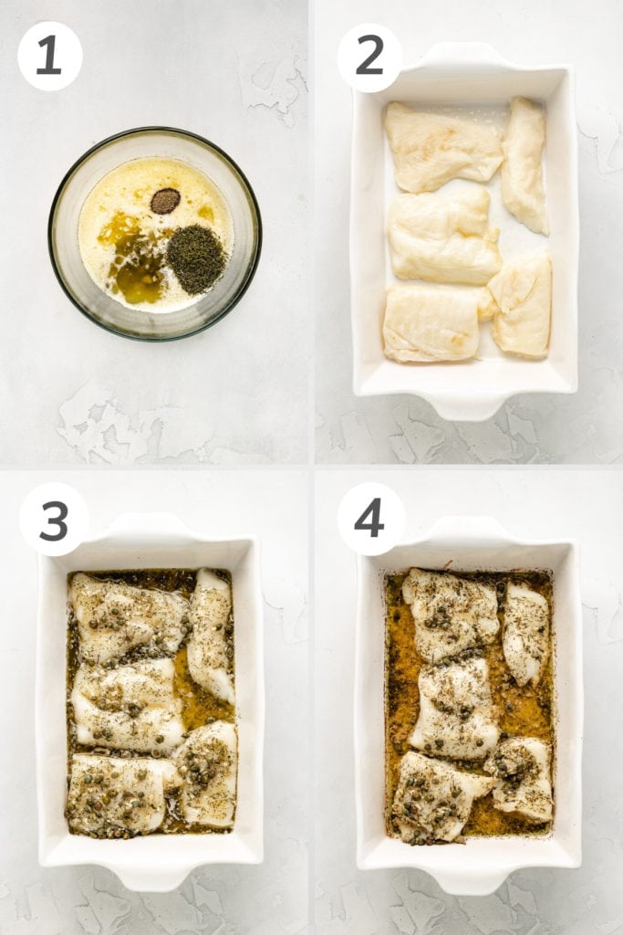 Collage showing how to make baked chilean sea bass.