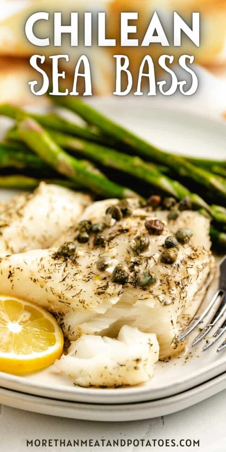 Close up view of baked sea bass on a plate.
