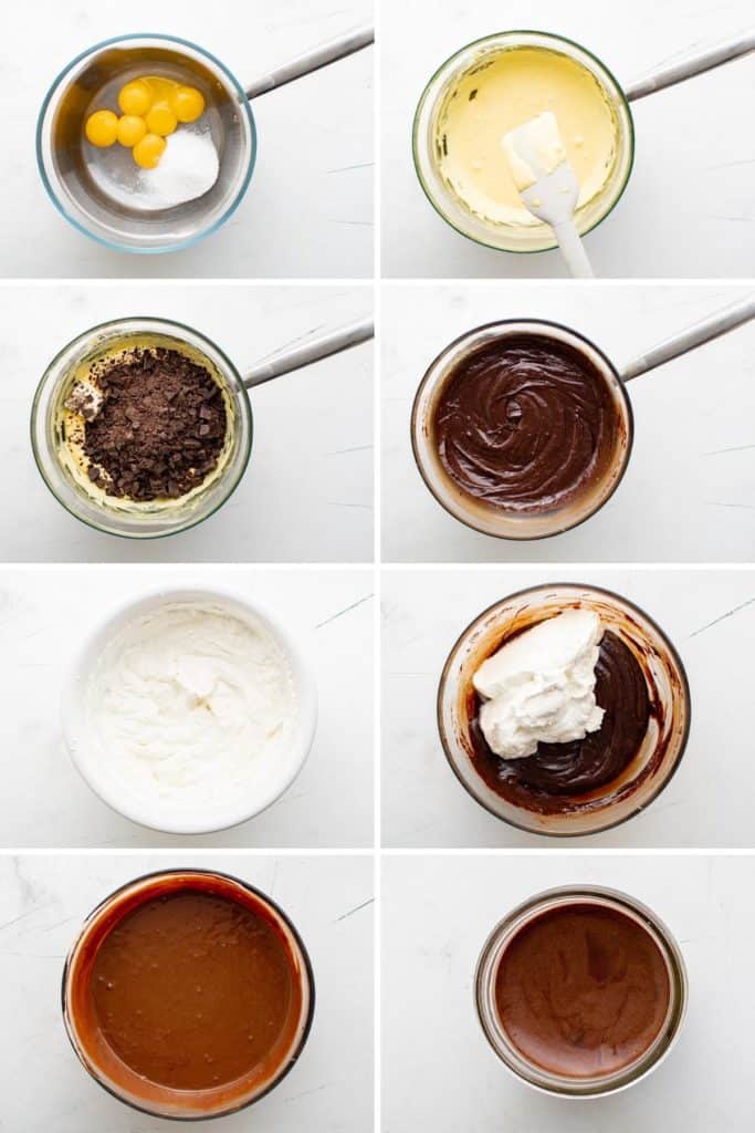 Collage showing how to make chocolate mousse.