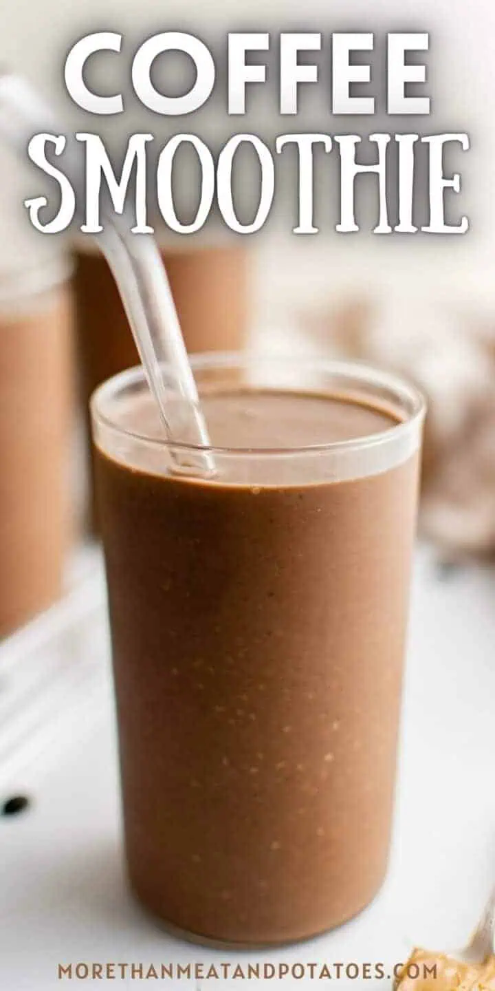 Coffee smoothie with a clear plastic straw.