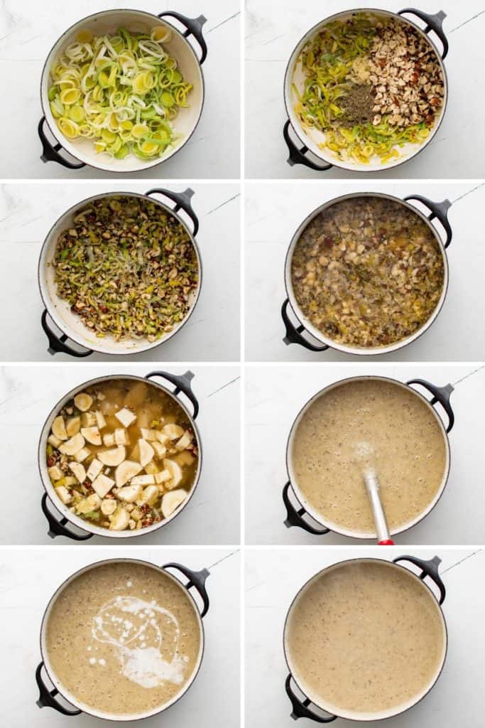 Collage showing how to make hazelnut soup.