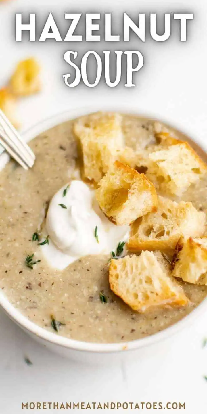 Close up view of a bowl hazelnut soup.