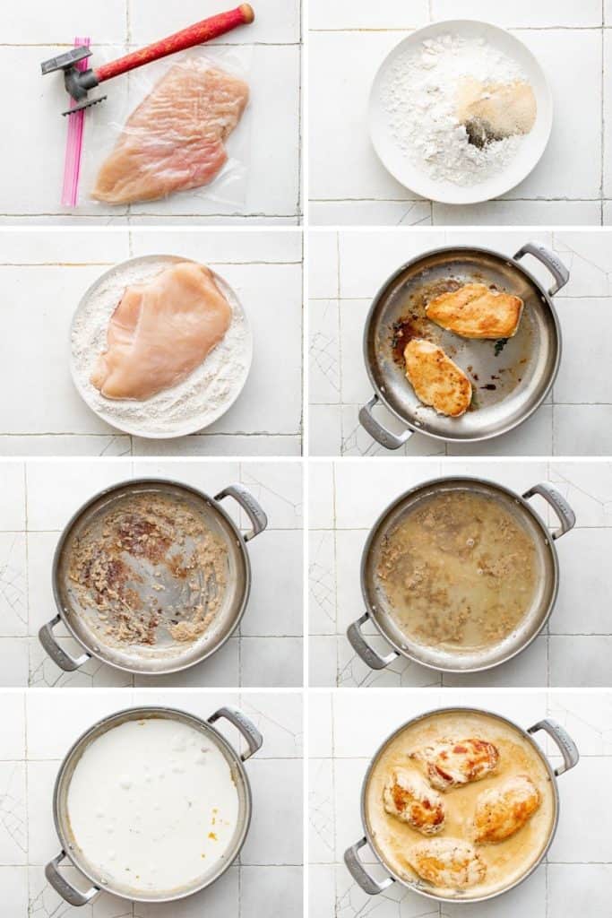 Collage showing how to make creamy lemon chicken.