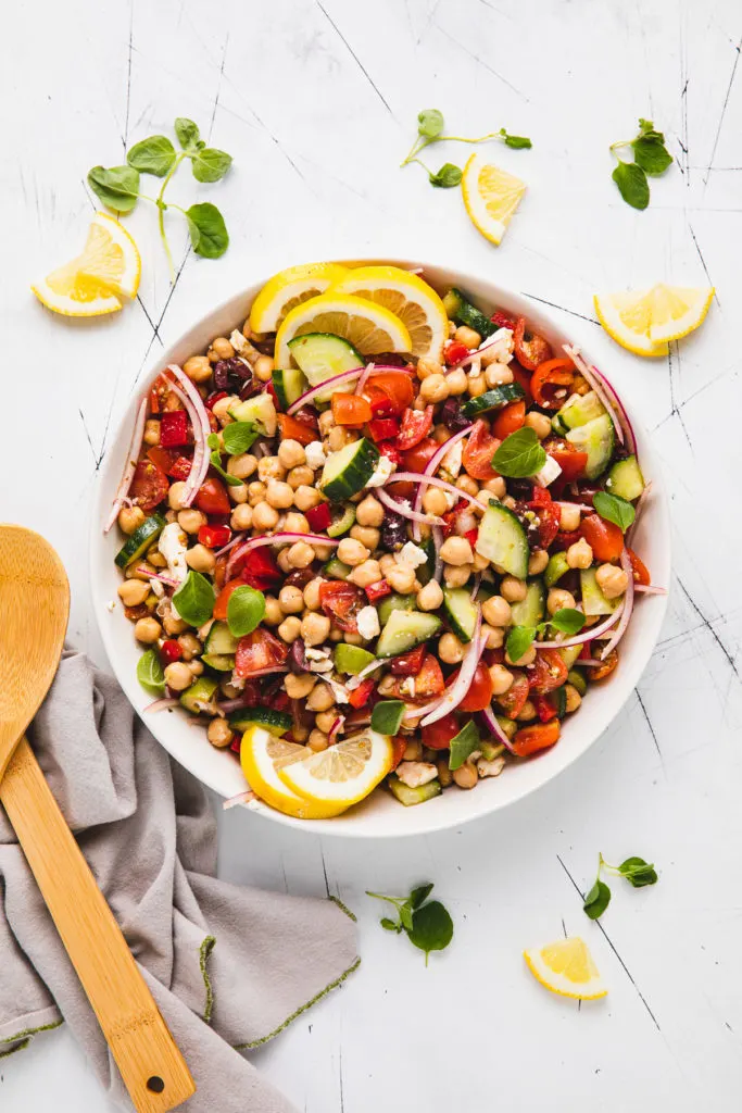 Top down view of mediterranean chickpea salad.