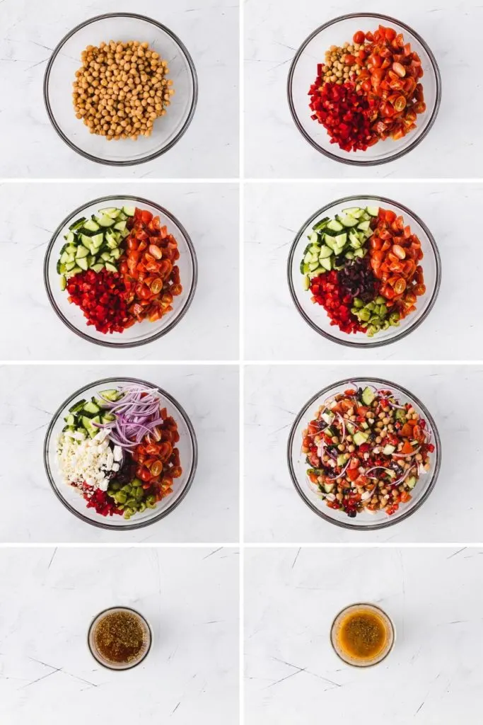 Collage showing how to make mediterranean salad.