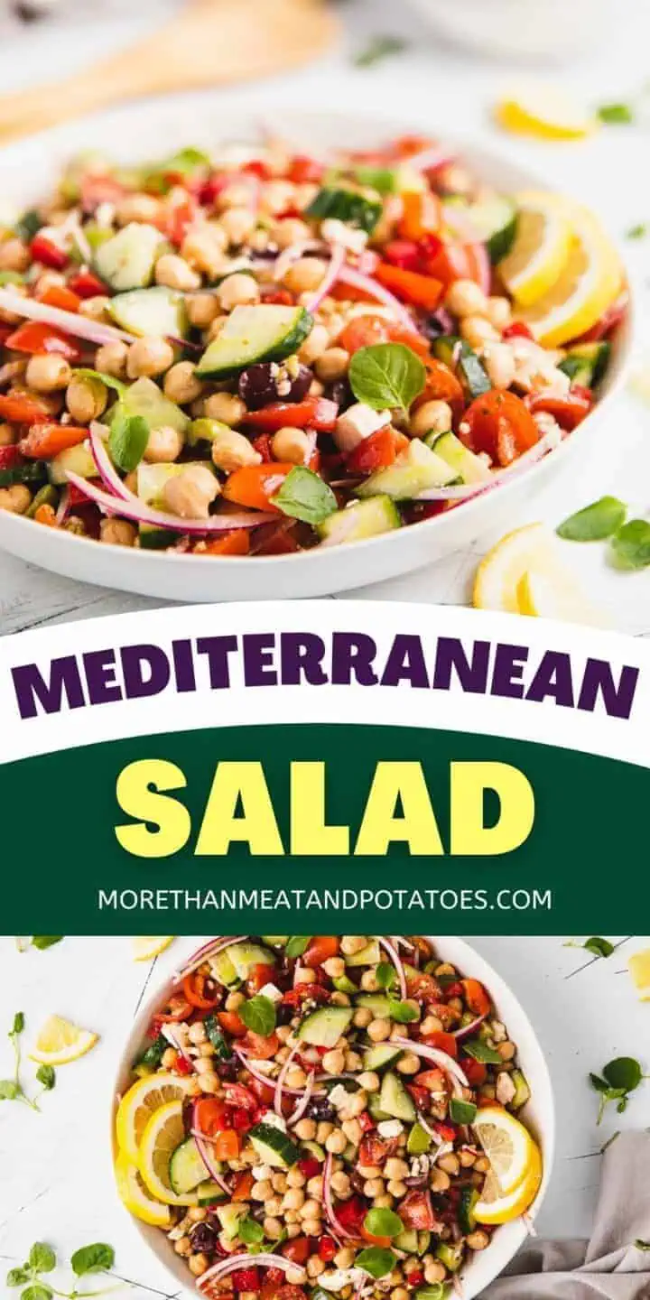 Two photos of mediterranean salad in a collage.