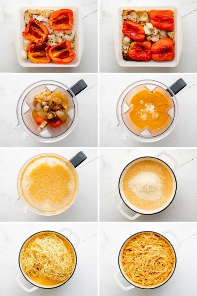 Collage showing how to make roasted red pepper pasta.