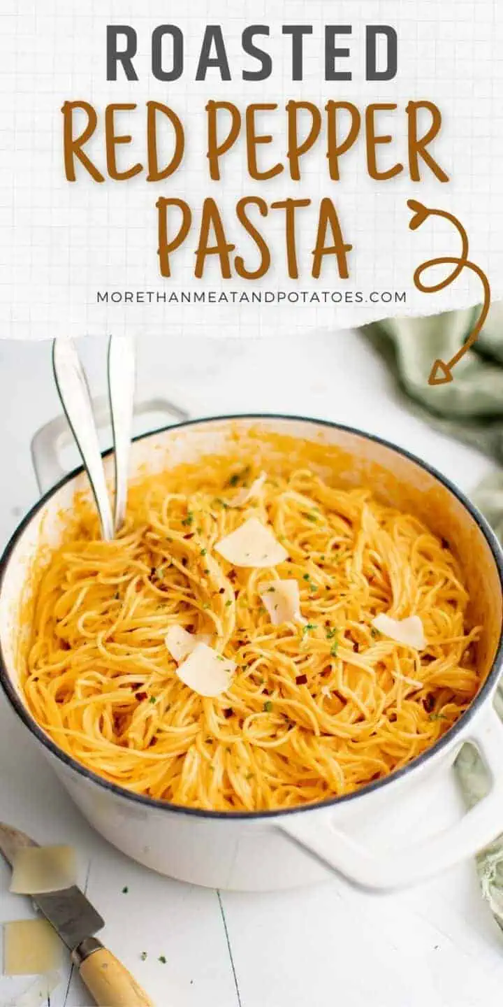 Close up view of roasted red pepper pasta in a pan.