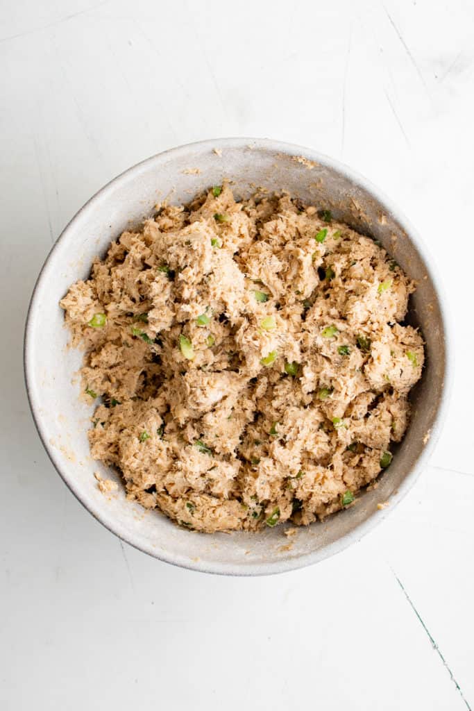 Salmon croquette batter in a bowl.