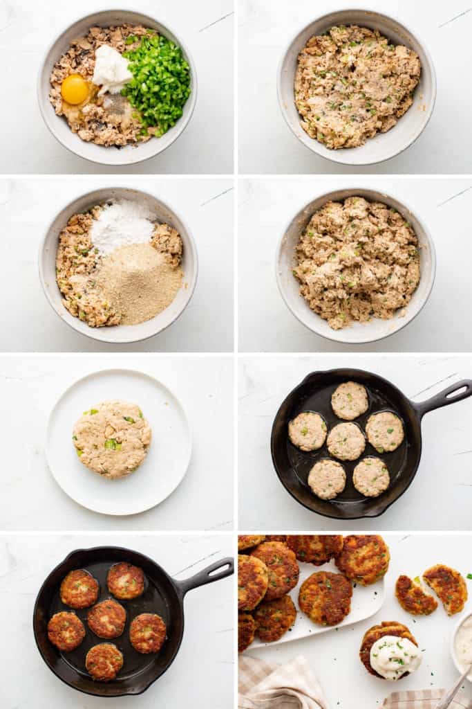 Collage showing how to make salmon croquettes.