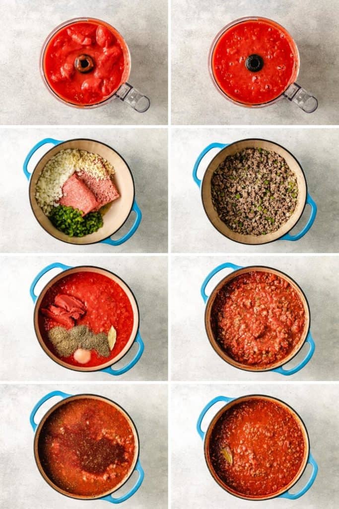Collage showing how to make spaghetti sauce.