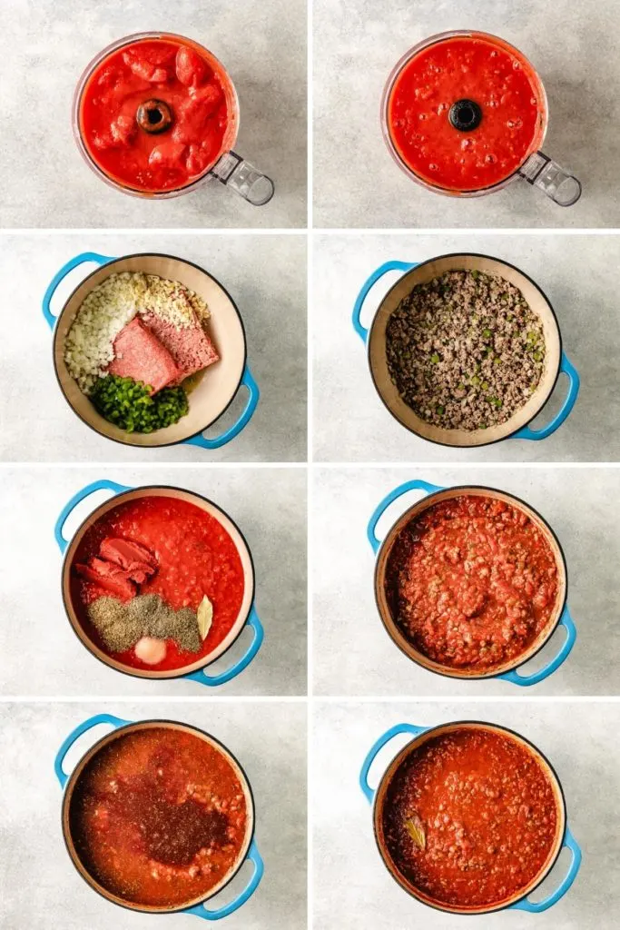 Collage showing how to make spaghetti sauce.