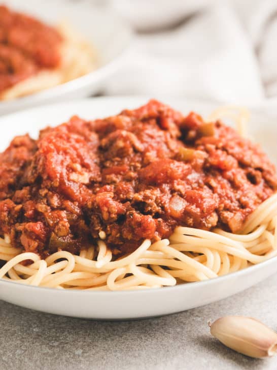 Spaghetti with meat sauce on a plate.