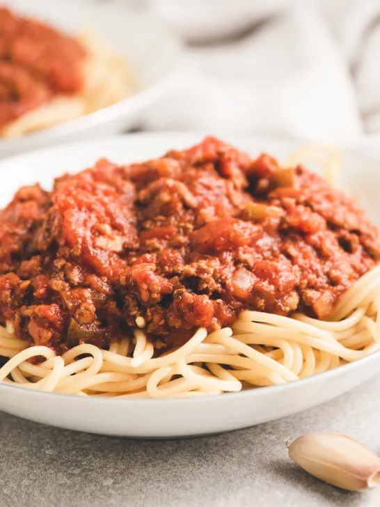 Spaghetti with meat sauce on a plate.