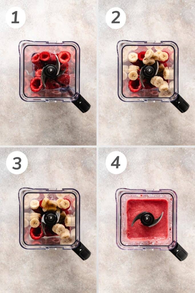 Collage showing how to make a strawberry banana smoothie.