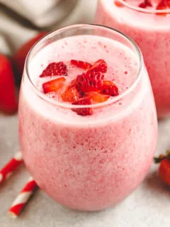 Diced strawberries on a smoothie.