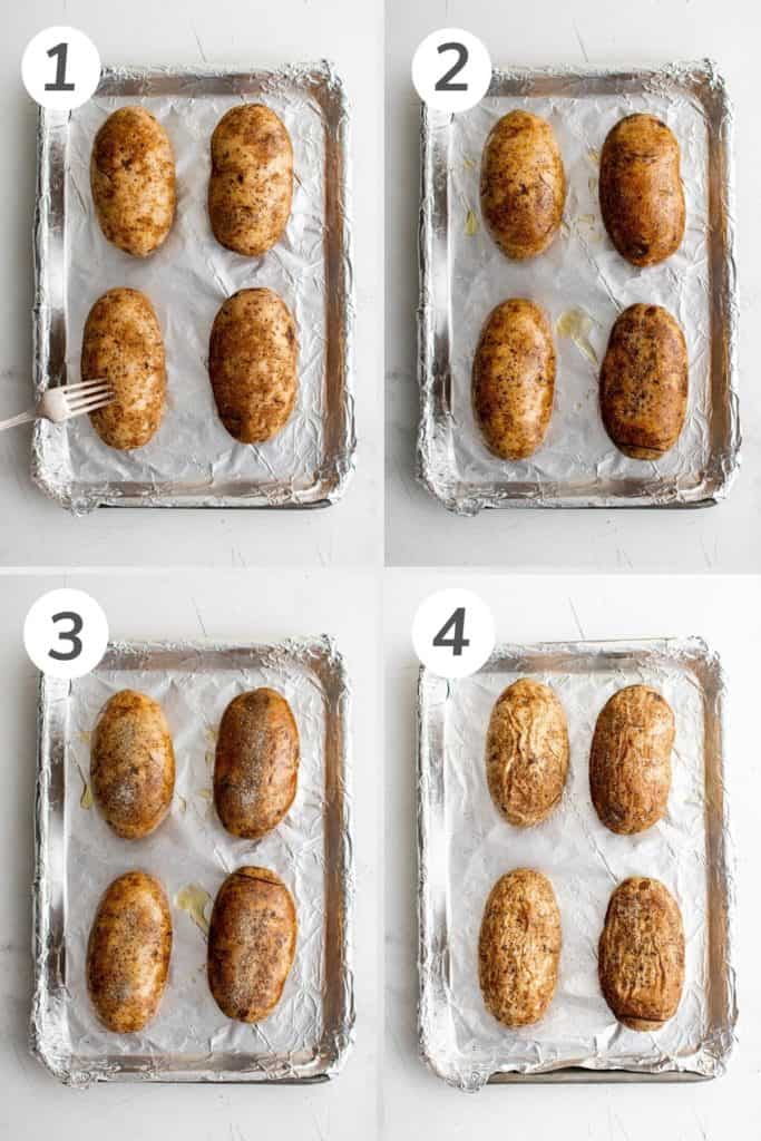 Collage showing how to make baked potatoes.