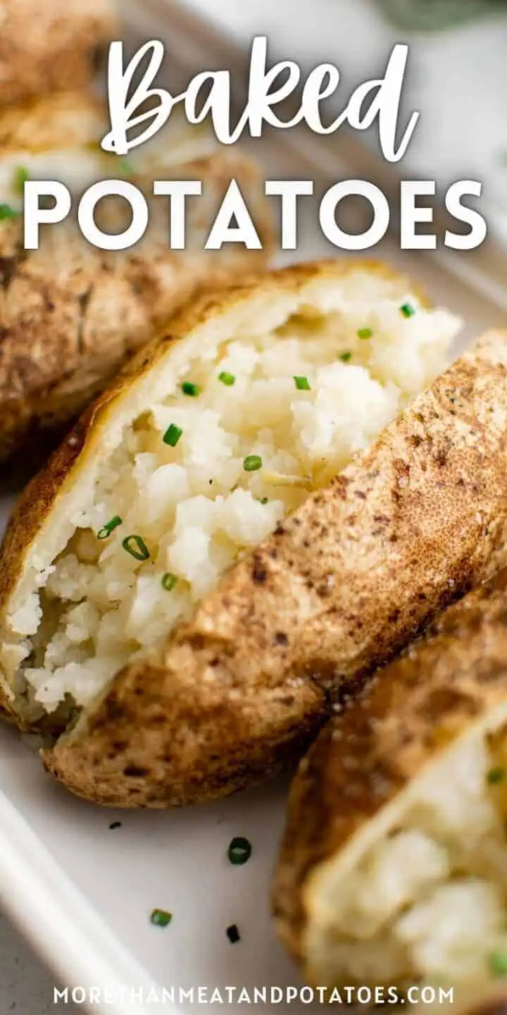 Close up photo of baked potato with chives.