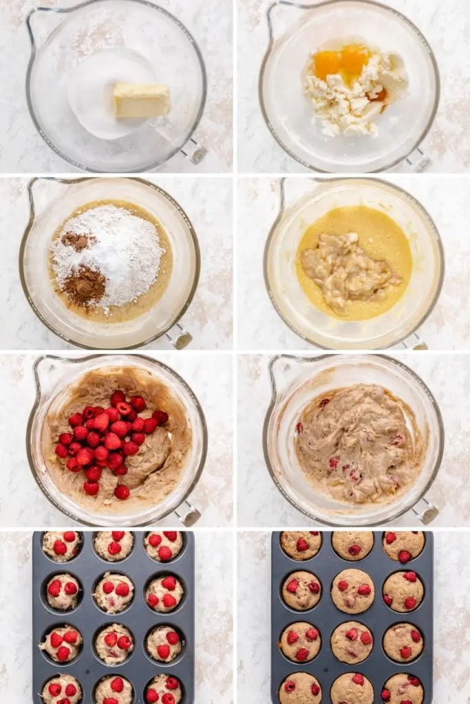 Collage showing how to make banana raspberry muffins.