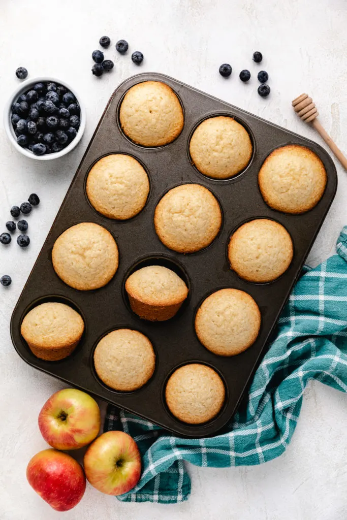 Pan of baked muffins.