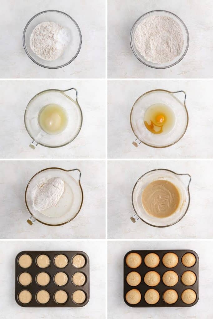 Collage showing how to make a basic muffin recipe.