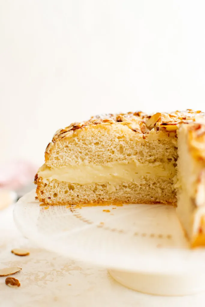 Side view of a cut bee sting cake.