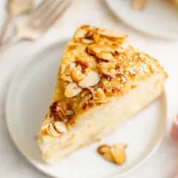 Top down view of a slice of cake on a plate.