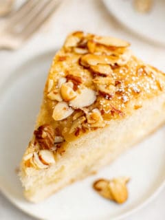 Top down view of a slice of cake on a plate.