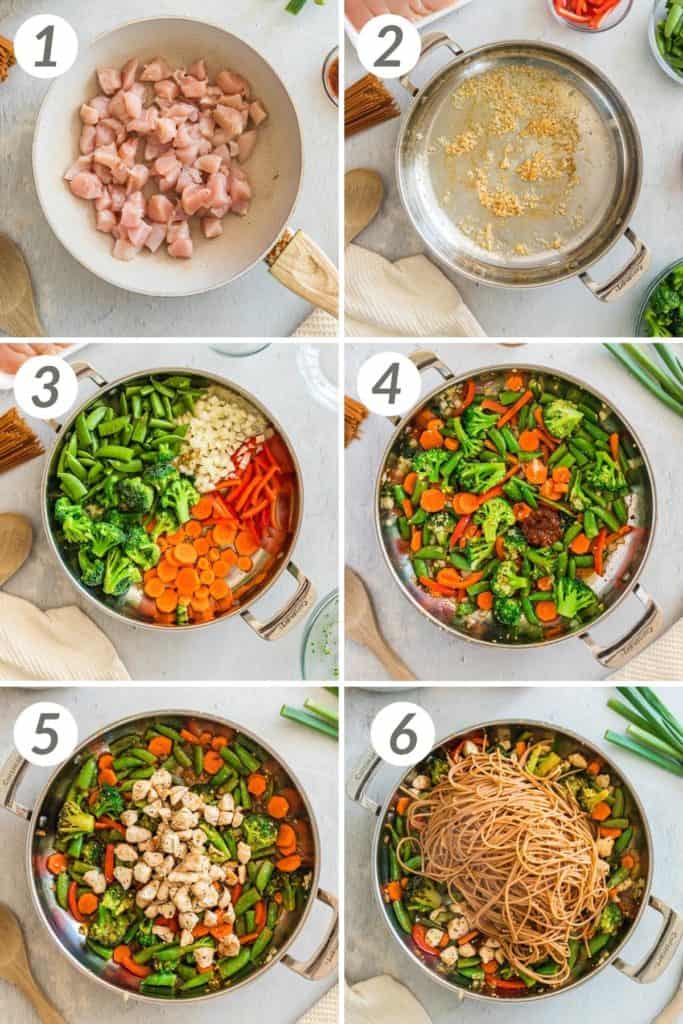 Collage showing how to make chicken stir fry.