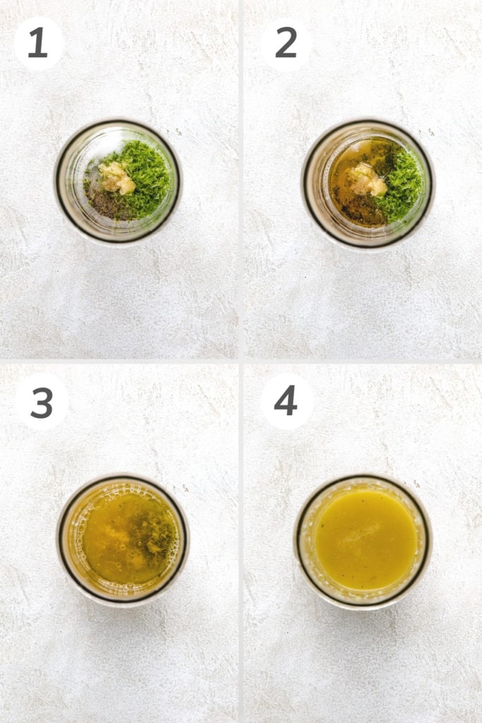 Collage showing how to make garlic lime vinaigrette.
