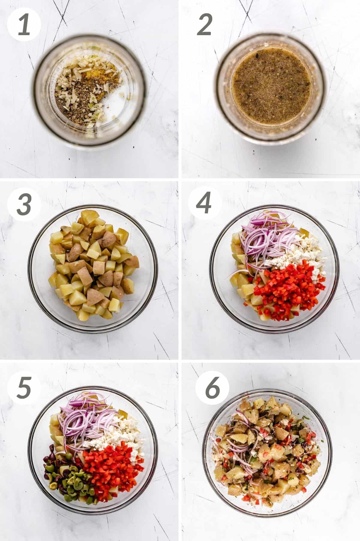 Collage showing how to make Greek potato salad.