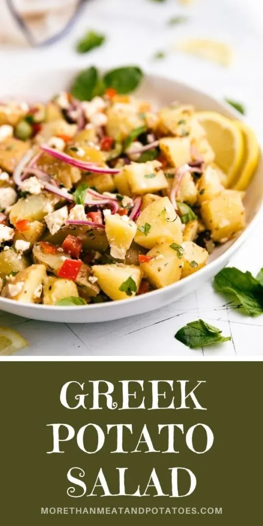 Close up view of a bowl of greek potato salad.