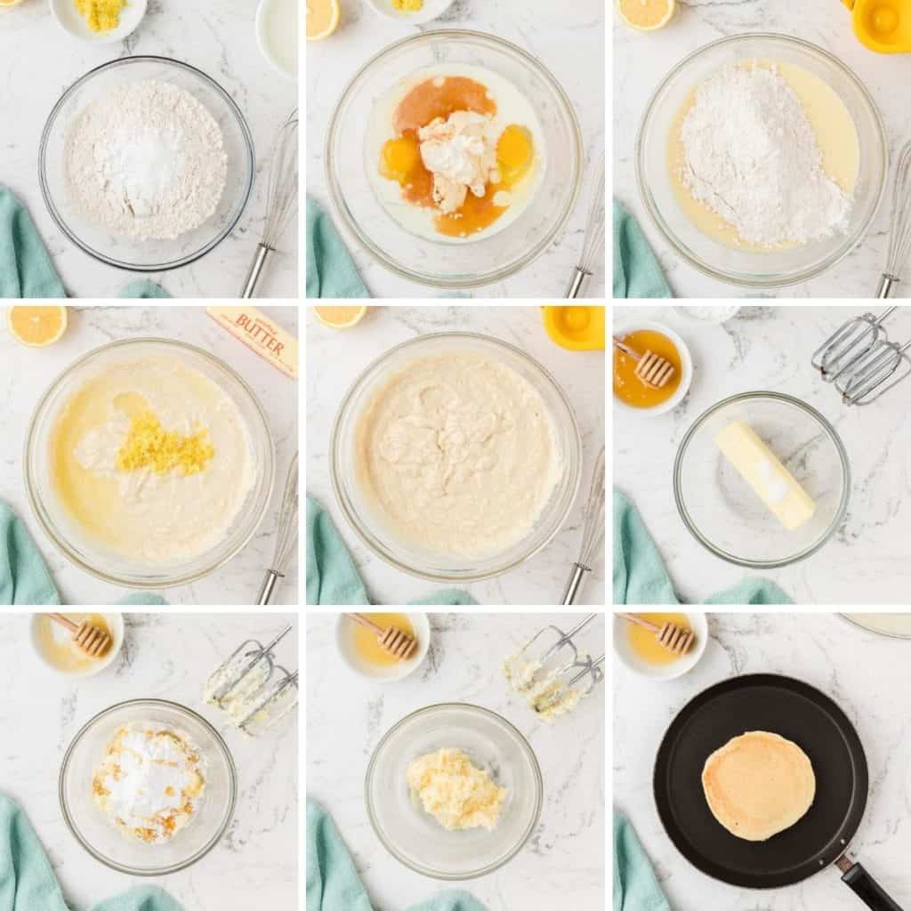 Collage showing how to make lemon ricotta pancakes.