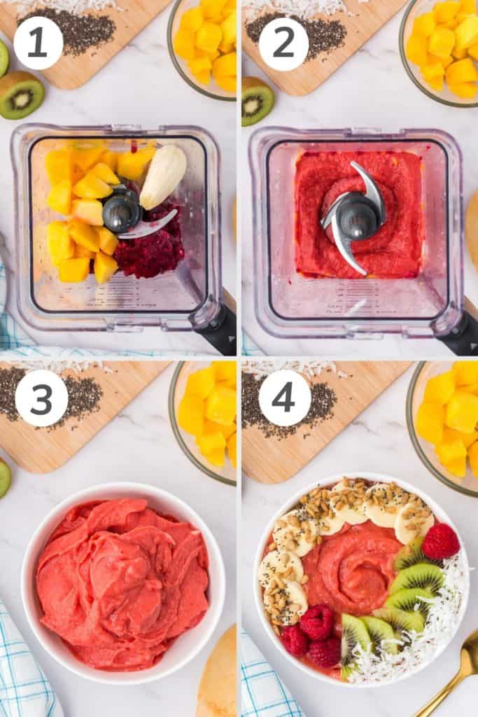 Collage showing how to make a mango raspberry smoothie bowl.