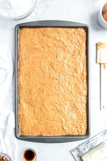 Carrot cake batter on a large pan.