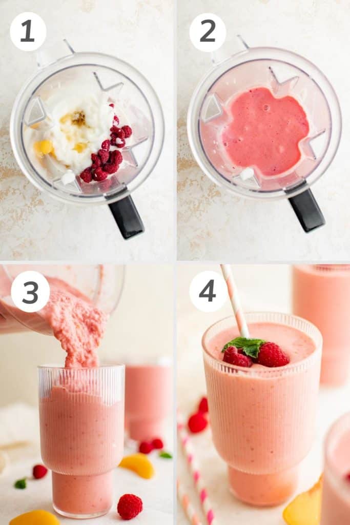 Collage showing how to make a peach raspberry smoothie.