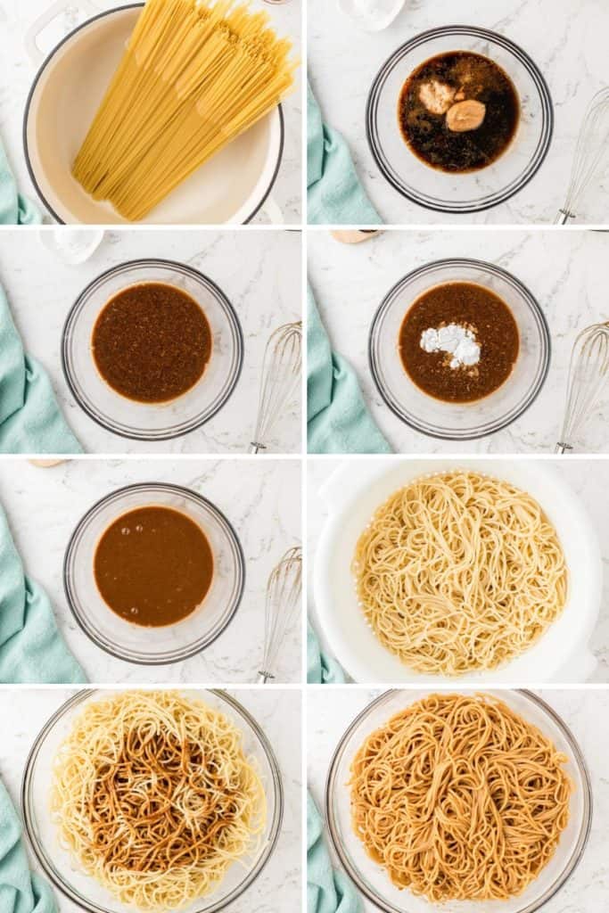 Collage showing how to make sesame noodles.
